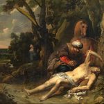 El buen samaritano (1647), óleo sobre lienzo de Balthasar van Cortbemde (1612-1663), muestra al samaritano atendiendo al hombre herido mientras que el levita y el sacerdote se alejan a la distancia.