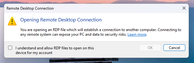 Primer aviso de seguridad al abrir un archivo RDP