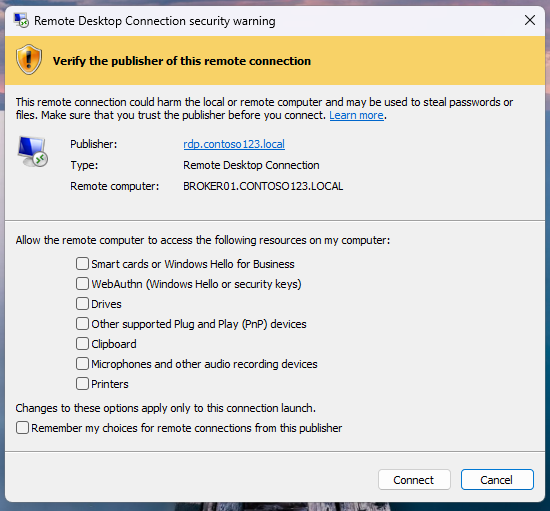 Advertencia de seguridad para archivo RDP firmado