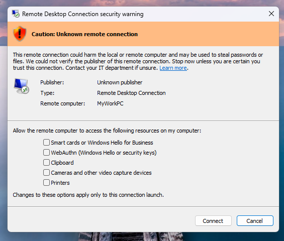 Advertencia de seguridad para archivo RDP sin firma