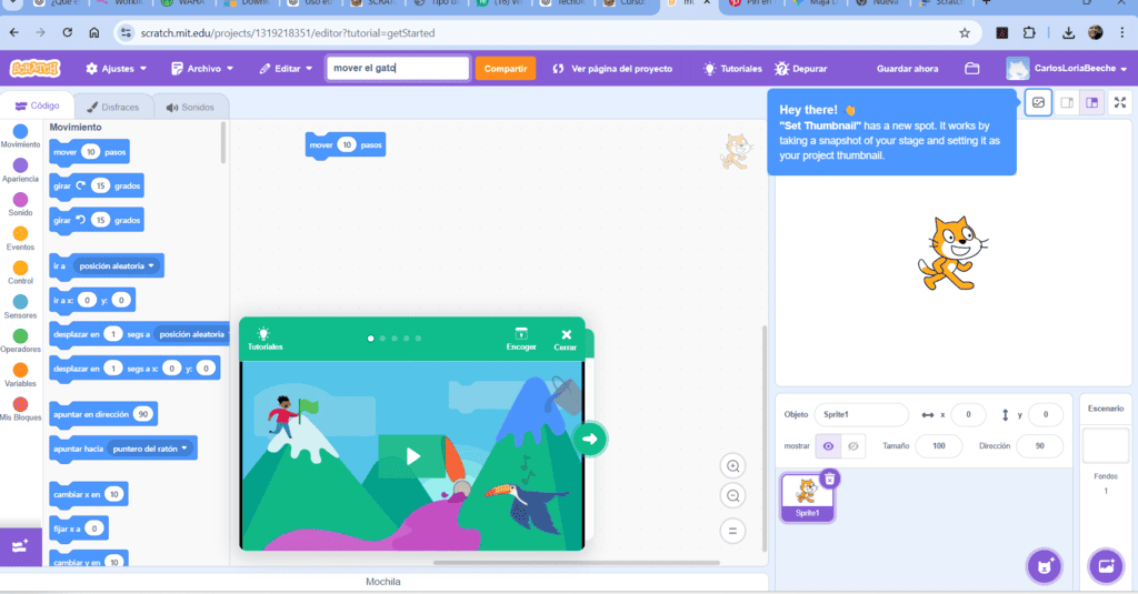 Bloque mover 10 pasos colocado en el área de programación de Scratch