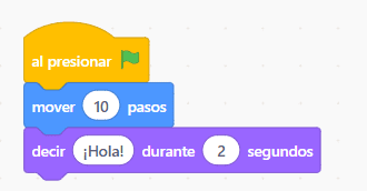 Programa de Scratch con los bloques al presionar bandera verde, mover 10 pasos y decir Hola por 2 segundos