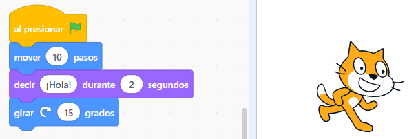 Programa de Scratch con los bloques al presionar bandera verde, mover 10 pasos, decir Hola por 2 segundos y girar 15 grados